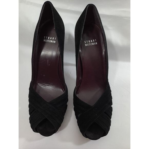 Stuart Weitzman Black Suede Leather Platform Peep Toe Pumps 7.5 M - Picture 1 of 7